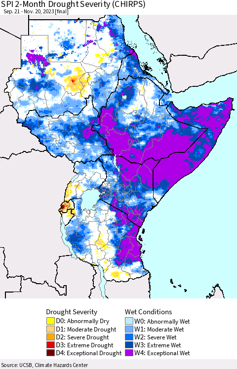 Eastern Africa SPI 2-Month Drought Severity (CHIRPS) Thematic Map For 9/21/2023 - 11/20/2023