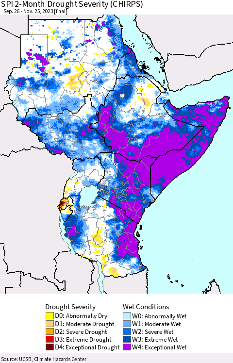 Eastern Africa SPI 2-Month Drought Severity (CHIRPS) Thematic Map For 9/26/2023 - 11/25/2023