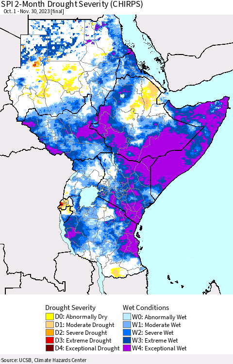 Eastern Africa SPI 2-Month Drought Severity (CHIRPS) Thematic Map For 10/1/2023 - 11/30/2023