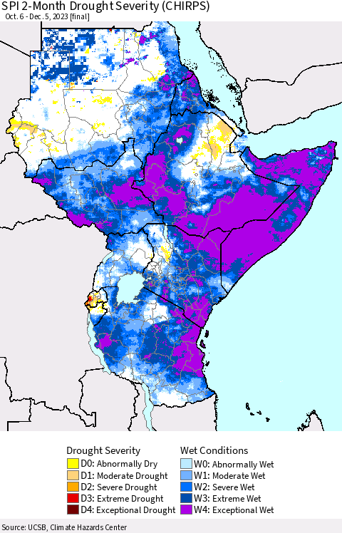 Eastern Africa SPI 2-Month Drought Severity (CHIRPS) Thematic Map For 10/6/2023 - 12/5/2023