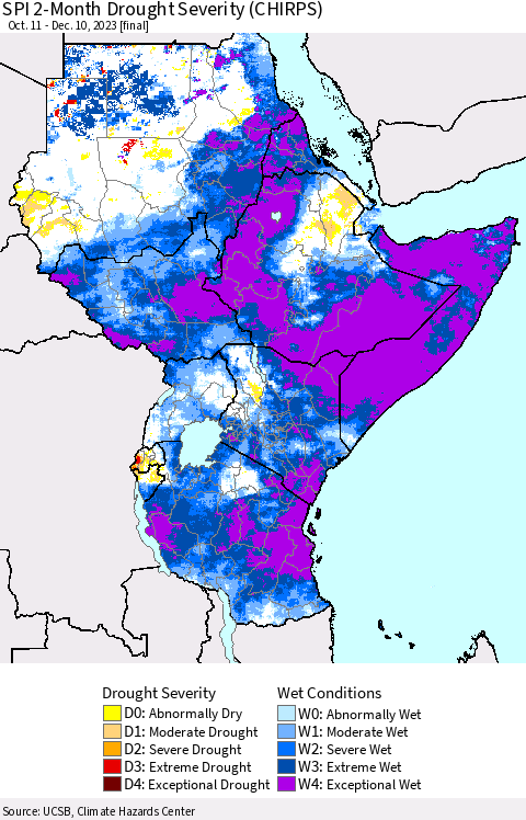 Eastern Africa SPI 2-Month Drought Severity (CHIRPS) Thematic Map For 10/11/2023 - 12/10/2023