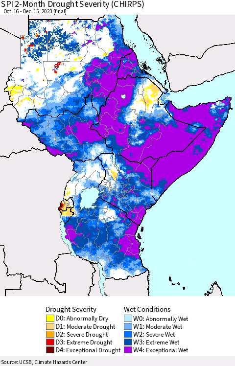 Eastern Africa SPI 2-Month Drought Severity (CHIRPS) Thematic Map For 10/16/2023 - 12/15/2023