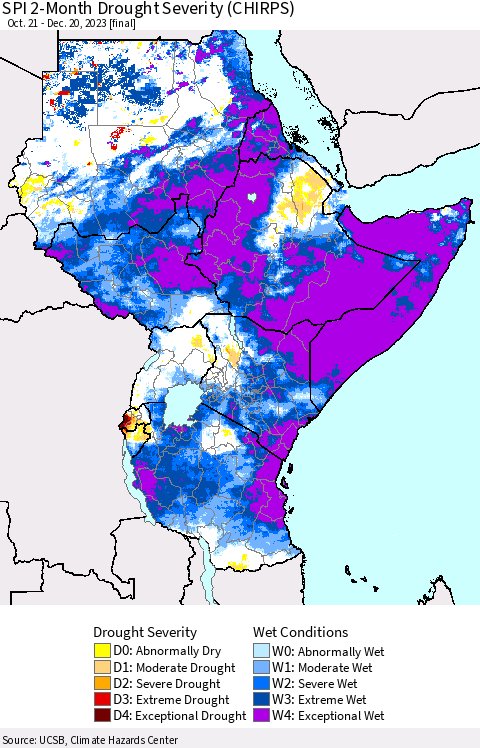 Eastern Africa SPI 2-Month Drought Severity (CHIRPS) Thematic Map For 10/21/2023 - 12/20/2023