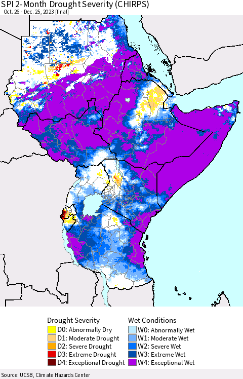 Eastern Africa SPI 2-Month Drought Severity (CHIRPS) Thematic Map For 10/26/2023 - 12/25/2023