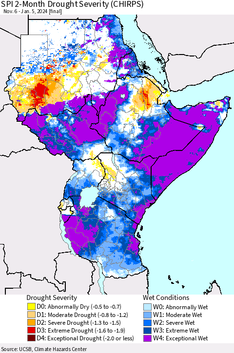 Eastern Africa SPI 2-Month Drought Severity (CHIRPS) Thematic Map For 11/6/2023 - 1/5/2024