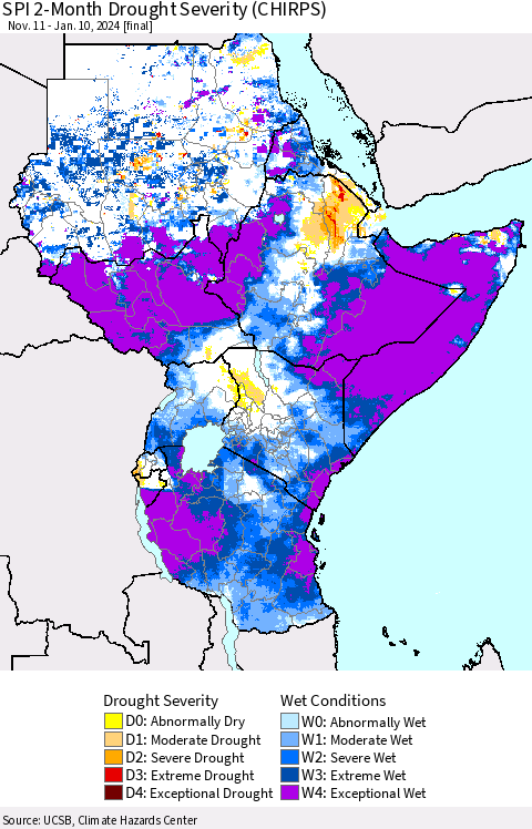 Eastern Africa SPI 2-Month Drought Severity (CHIRPS) Thematic Map For 11/11/2023 - 1/10/2024