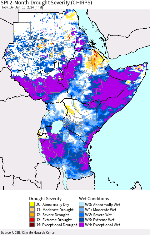 Eastern Africa SPI 2-Month Drought Severity (CHIRPS) Thematic Map For 11/16/2023 - 1/15/2024
