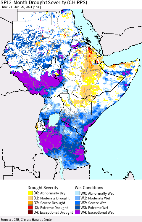 Eastern Africa SPI 2-Month Drought Severity (CHIRPS) Thematic Map For 11/21/2023 - 1/20/2024