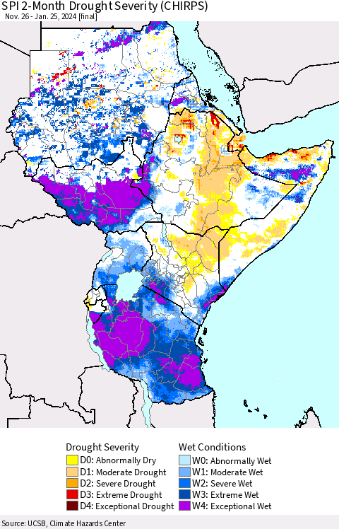 Eastern Africa SPI 2-Month Drought Severity (CHIRPS) Thematic Map For 11/26/2023 - 1/25/2024