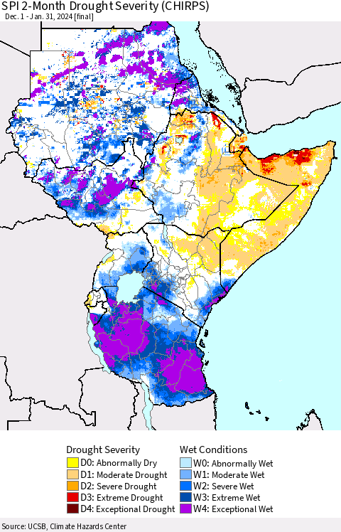 Eastern Africa SPI 2-Month Drought Severity (CHIRPS) Thematic Map For 12/1/2023 - 1/31/2024