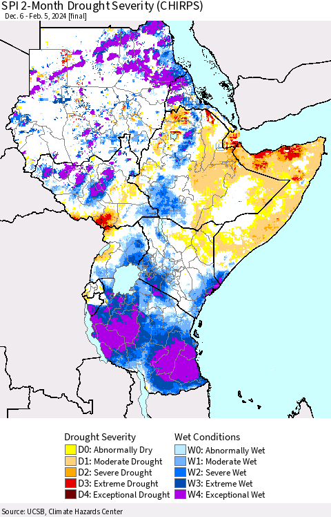 Eastern Africa SPI 2-Month Drought Severity (CHIRPS) Thematic Map For 12/6/2023 - 2/5/2024