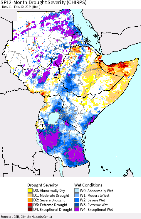 Eastern Africa SPI 2-Month Drought Severity (CHIRPS) Thematic Map For 12/11/2023 - 2/10/2024