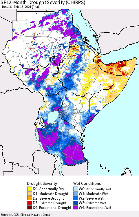 Eastern Africa SPI 2-Month Drought Severity (CHIRPS) Thematic Map For 12/16/2023 - 2/15/2024