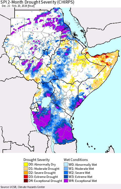 Eastern Africa SPI 2-Month Drought Severity (CHIRPS) Thematic Map For 12/21/2023 - 2/20/2024