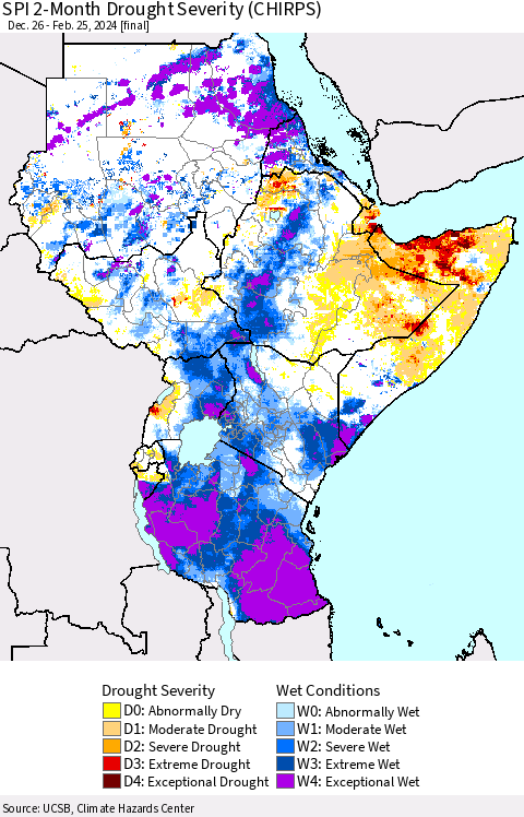 Eastern Africa SPI 2-Month Drought Severity (CHIRPS) Thematic Map For 12/26/2023 - 2/25/2024