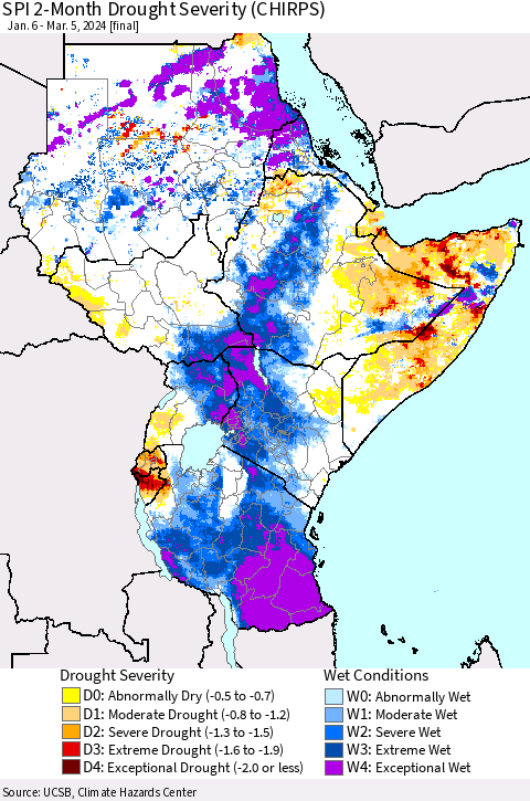 Eastern Africa SPI 2-Month Drought Severity (CHIRPS) Thematic Map For 1/6/2024 - 3/5/2024