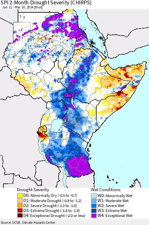 Eastern Africa SPI 2-Month Drought Severity (CHIRPS) Thematic Map For 1/11/2024 - 3/10/2024