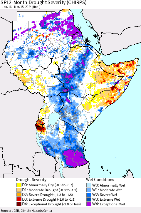 Eastern Africa SPI 2-Month Drought Severity (CHIRPS) Thematic Map For 1/16/2024 - 3/15/2024