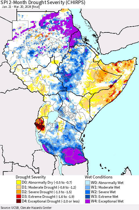 Eastern Africa SPI 2-Month Drought Severity (CHIRPS) Thematic Map For 1/21/2024 - 3/20/2024