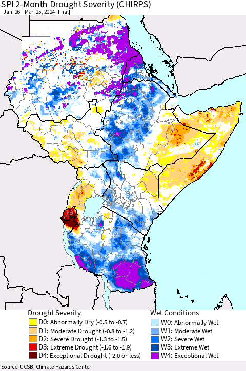 Eastern Africa SPI 2-Month Drought Severity (CHIRPS) Thematic Map For 1/26/2024 - 3/25/2024