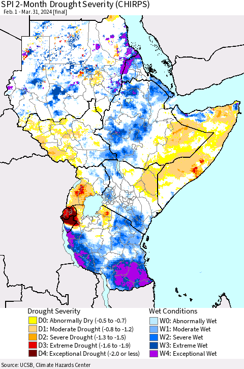 Eastern Africa SPI 2-Month Drought Severity (CHIRPS) Thematic Map For 2/1/2024 - 3/31/2024