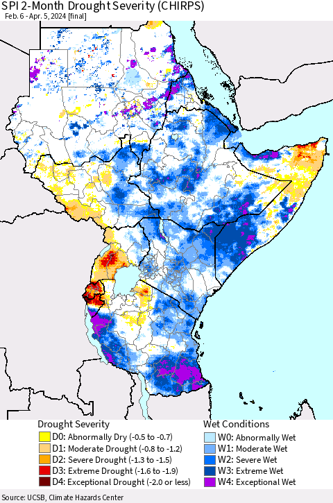 Eastern Africa SPI 2-Month Drought Severity (CHIRPS) Thematic Map For 2/6/2024 - 4/5/2024