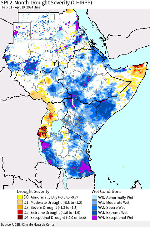 Eastern Africa SPI 2-Month Drought Severity (CHIRPS) Thematic Map For 2/11/2024 - 4/10/2024