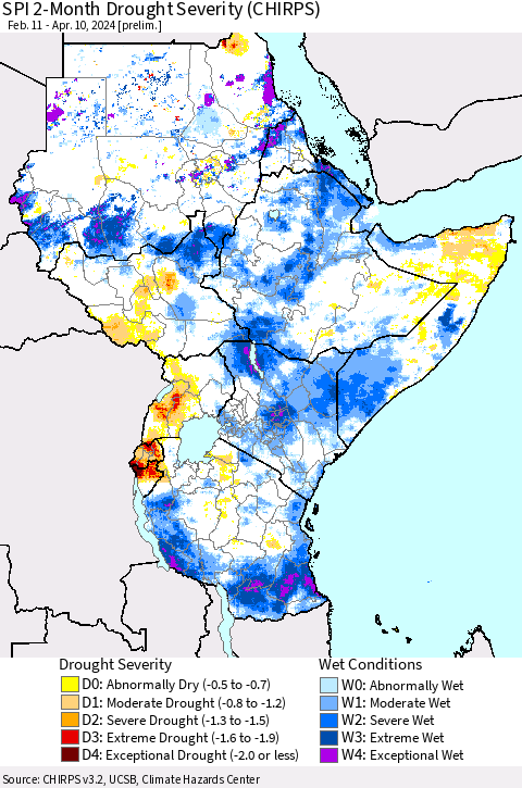 Eastern Africa SPI 2-Month Drought Severity (CHIRPS) Thematic Map For 2/11/2024 - 4/10/2024