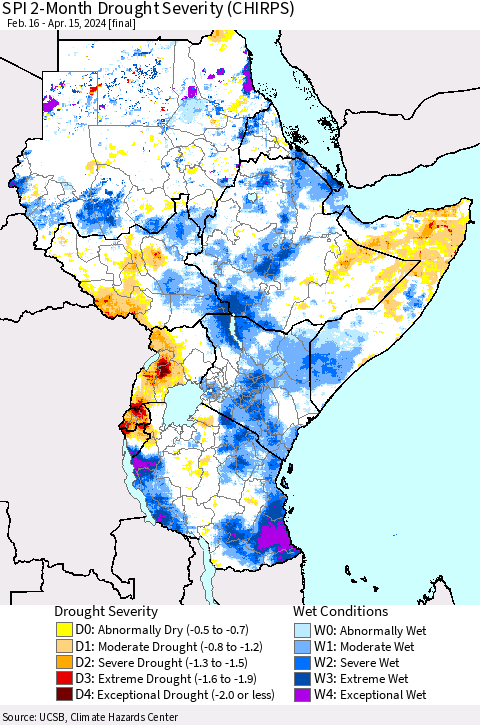 Eastern Africa SPI 2-Month Drought Severity (CHIRPS) Thematic Map For 2/16/2024 - 4/15/2024