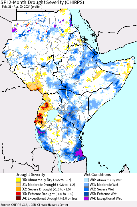 Eastern Africa SPI 2-Month Drought Severity (CHIRPS) Thematic Map For 2/21/2024 - 4/20/2024