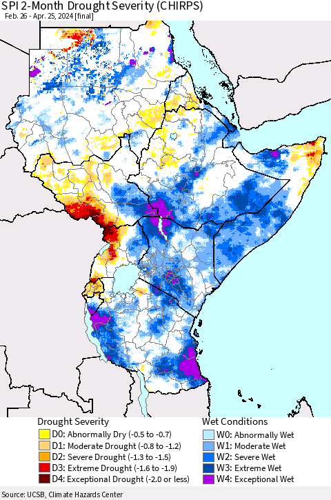 Eastern Africa SPI 2-Month Drought Severity (CHIRPS) Thematic Map For 2/26/2024 - 4/25/2024