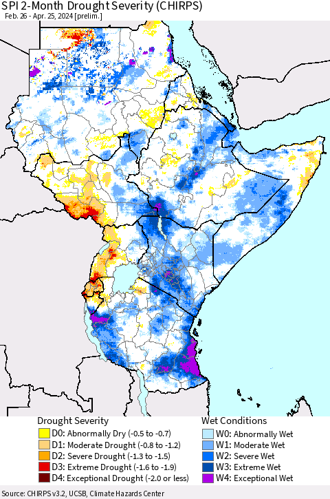 Eastern Africa SPI 2-Month Drought Severity (CHIRPS) Thematic Map For 2/26/2024 - 4/25/2024