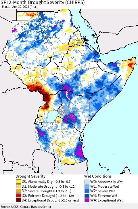 Eastern Africa SPI 2-Month Drought Severity (CHIRPS) Thematic Map For 3/1/2024 - 4/30/2024