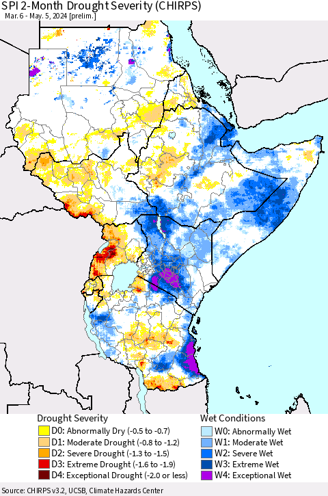 Eastern Africa SPI 2-Month Drought Severity (CHIRPS) Thematic Map For 3/6/2024 - 5/5/2024