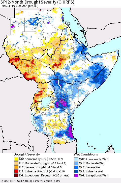Eastern Africa SPI 2-Month Drought Severity (CHIRPS) Thematic Map For 3/11/2024 - 5/10/2024