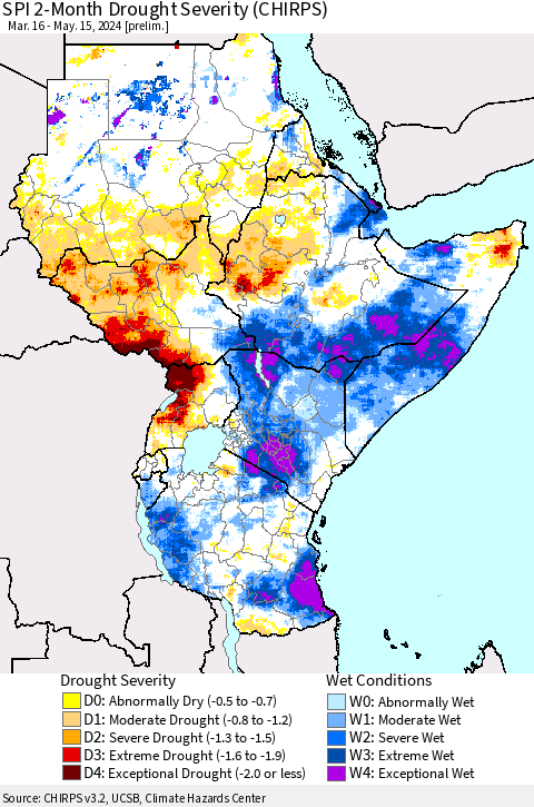 Eastern Africa SPI 2-Month Drought Severity (CHIRPS) Thematic Map For 3/16/2024 - 5/15/2024