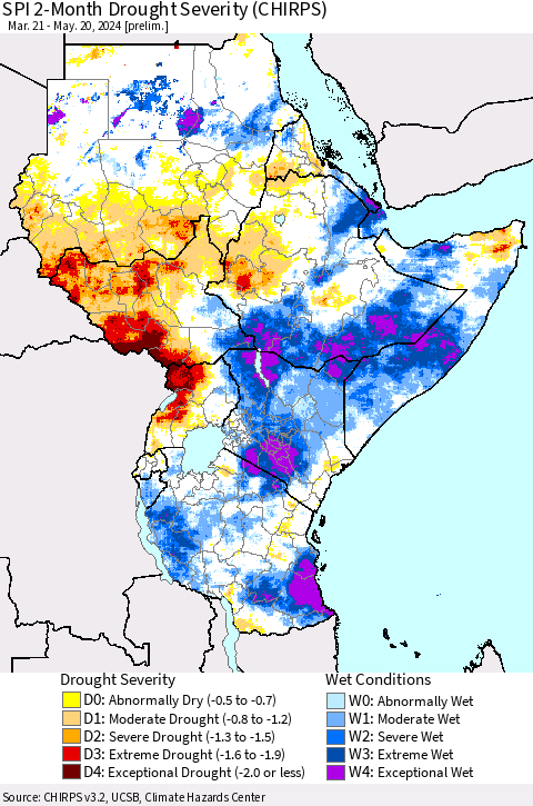 Eastern Africa SPI 2-Month Drought Severity (CHIRPS) Thematic Map For 3/21/2024 - 5/20/2024