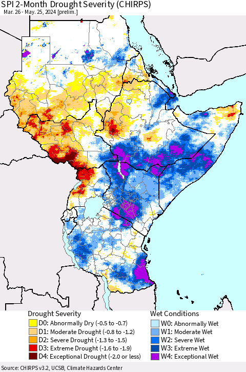 Eastern Africa SPI 2-Month Drought Severity (CHIRPS) Thematic Map For 3/26/2024 - 5/25/2024