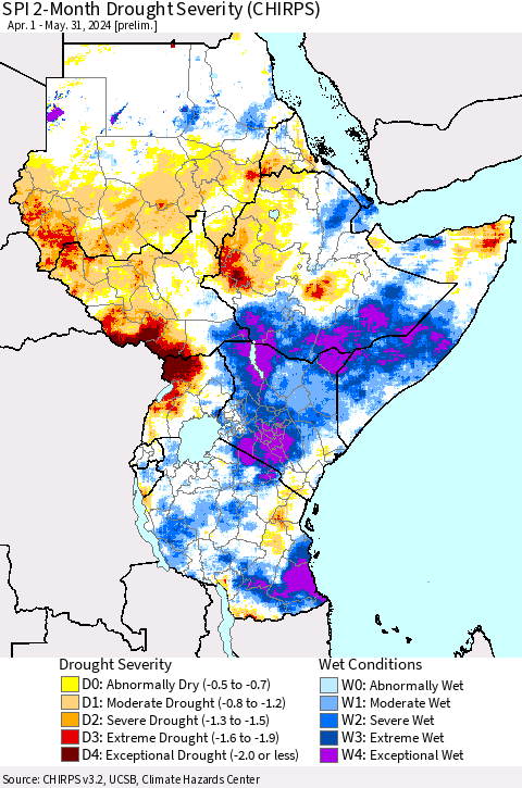 Eastern Africa SPI 2-Month Drought Severity (CHIRPS) Thematic Map For 4/1/2024 - 5/31/2024