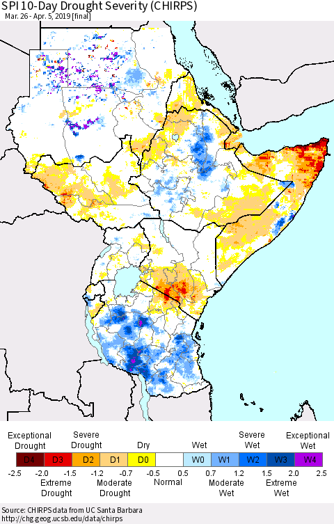 Eastern Africa SPI 10-Day Drought Severity (CHIRPS) Thematic Map For 3/26/2019 - 4/5/2019