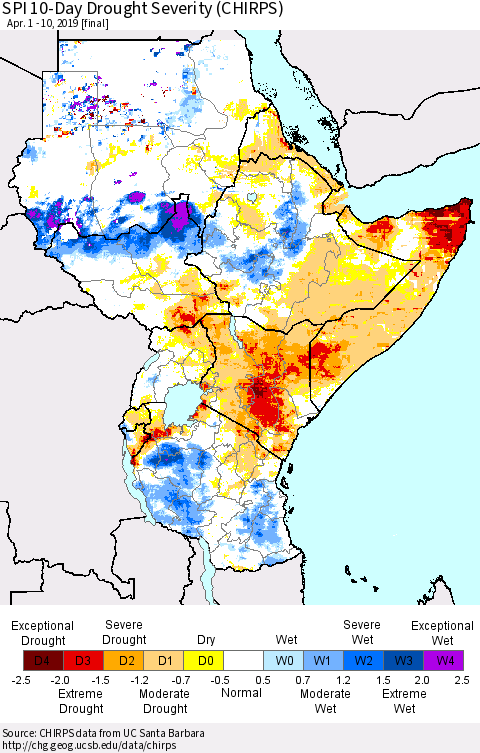 Eastern Africa SPI 10-Day Drought Severity (CHIRPS) Thematic Map For 4/1/2019 - 4/10/2019