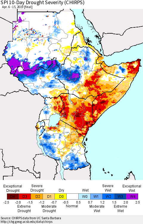 Eastern Africa SPI 10-Day Drought Severity (CHIRPS) Thematic Map For 4/6/2019 - 4/15/2019