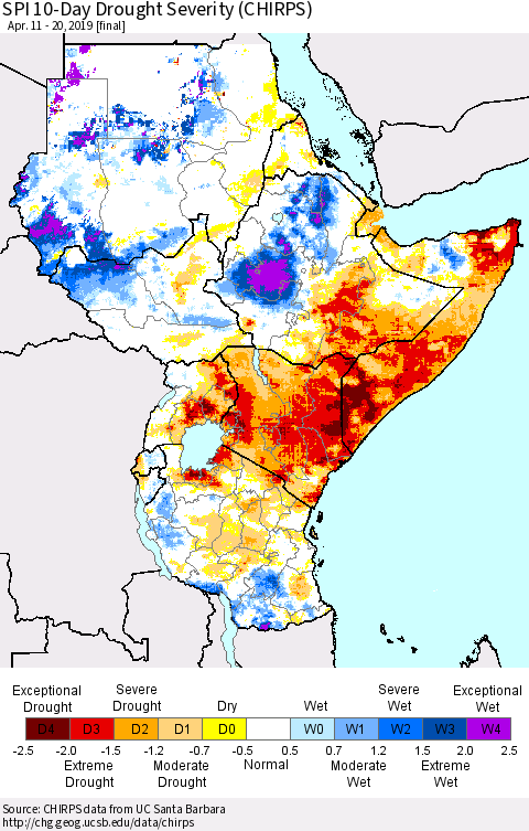 Eastern Africa SPI 10-Day Drought Severity (CHIRPS) Thematic Map For 4/11/2019 - 4/20/2019