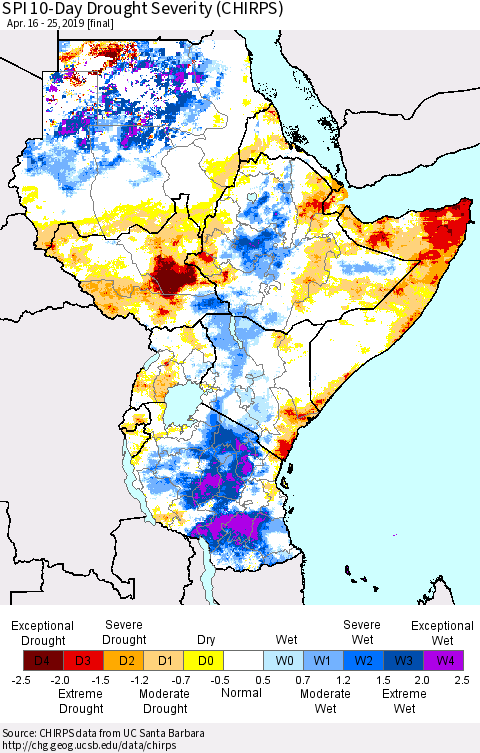 Eastern Africa SPI 10-Day Drought Severity (CHIRPS) Thematic Map For 4/16/2019 - 4/25/2019