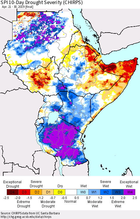 Eastern Africa SPI 10-Day Drought Severity (CHIRPS) Thematic Map For 4/21/2019 - 4/30/2019