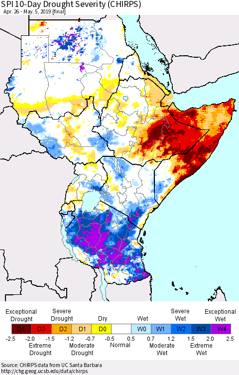 Eastern Africa SPI 10-Day Drought Severity (CHIRPS) Thematic Map For 4/26/2019 - 5/5/2019