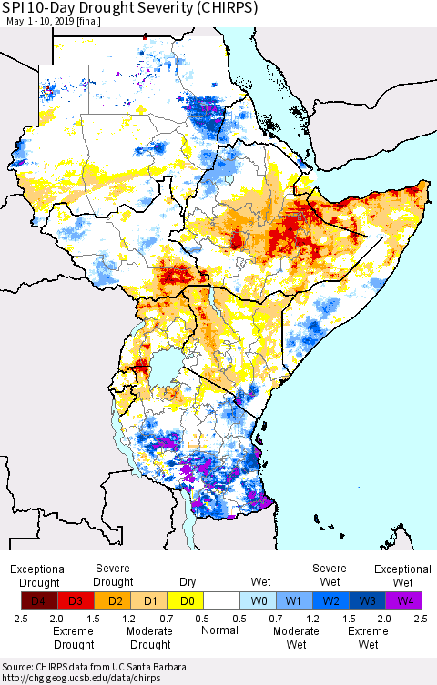Eastern Africa SPI 10-Day Drought Severity (CHIRPS) Thematic Map For 5/1/2019 - 5/10/2019