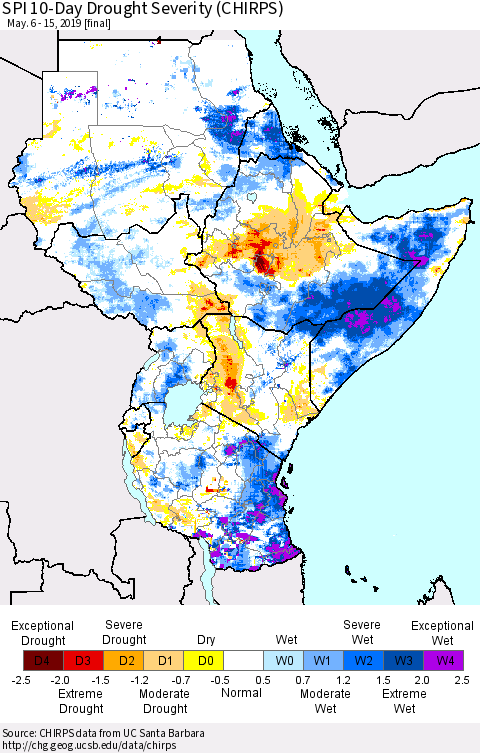 Eastern Africa SPI 10-Day Drought Severity (CHIRPS) Thematic Map For 5/6/2019 - 5/15/2019