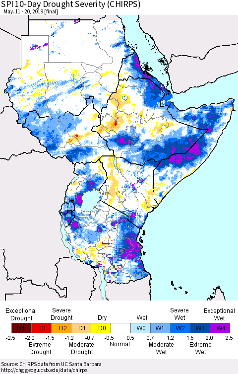 Eastern Africa SPI 10-Day Drought Severity (CHIRPS) Thematic Map For 5/11/2019 - 5/20/2019