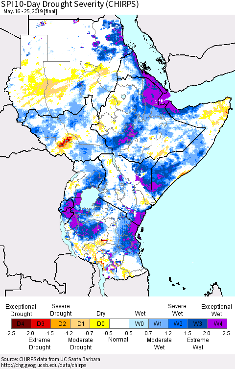 Eastern Africa SPI 10-Day Drought Severity (CHIRPS) Thematic Map For 5/16/2019 - 5/25/2019